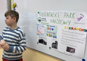 uczeń prezentuje plakat o Karkonoskim Parku Narodowym