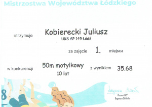 Dyplom Julka - 1 miejsce w stylu motylkowym