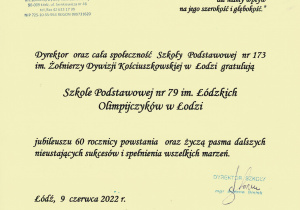 gratulacje od dyrektora Szkoły Podstawowej nr 173 w Łodzi