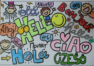 Praca ucznia słowo Cześć w różnych językach